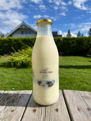 Melkeetikett på flaske for Åsvang Gård.