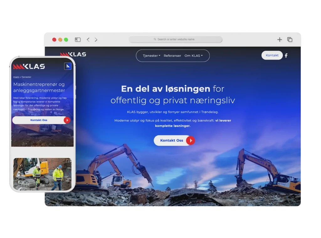 Framvisning av pc- og mobilversjon av hjemmesiden til KLAS.